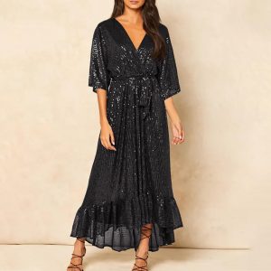 Women's Sequins Formal Dress Wrap V Neck Beltd Evening Gown Half Sleeve Ruffle Hem Glitter A-Line Flowy Maxi Dresses