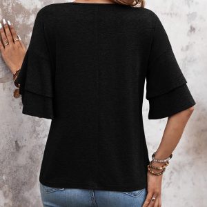 Womens Blouses Ruffle Short Sleeve T Shirts V Neck Double Tiered Bell Sleeve Top Spring Summer Fashion Clothes Cute Tunic