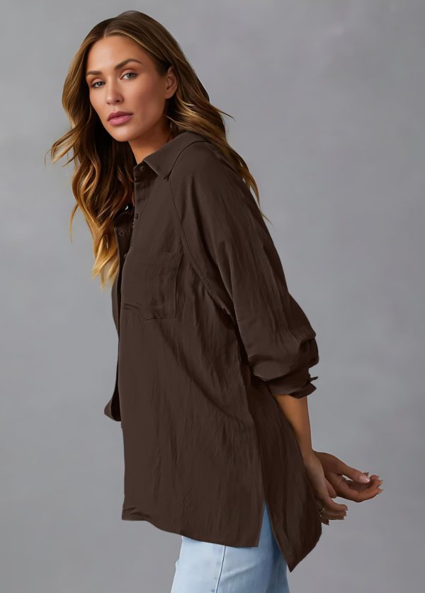 Womens Casual Button Down V Neck Shirts Raglan Long Sleeve Loose Fit Collared Work Blouses Tops with Pocket