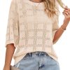 Women's Casual Short Sleeve Loose Tunic Tops Lightweight Crochet Knit Summer Sweaters Blouses
