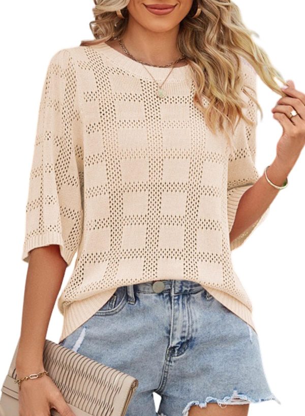 Women's Casual Short Sleeve Loose Tunic Tops Lightweight Crochet Knit Summer Sweaters Blouses