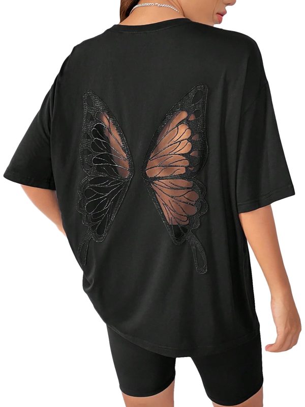Women's Oversized Butterfly Back Cut Out Tee Tops Y2k Half Sleeve Crew Neck T Shirt