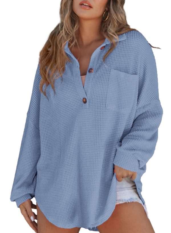Women Waffle Knit Tops Henley Shirts Long Sleeve V Neck Solid Color Casual Tunic