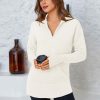 Womens Long Sleeve Quarter Zip Pullover Sweater Casual Loose V Neck Collared Ribbed Knit Jumper Tops Thumb Hole