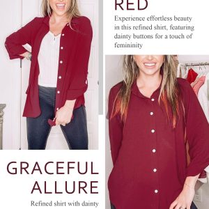 Womens Button Down Shirts V Neck Rolled Up Long Sleeve Tops Elegant Dressy Blouses Business Casual Outfits