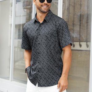 Men's Pattern Short Sleeve Button Down Graphic Printed Business Casual Dress Shirts with Pocket