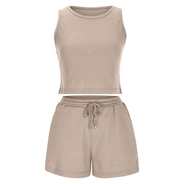 Women Waffle Knit Workout 2 Piece Outfits Sleeveless Cropped Tank Tops and Wide Leg Shorts Lounge Set Tracksuits