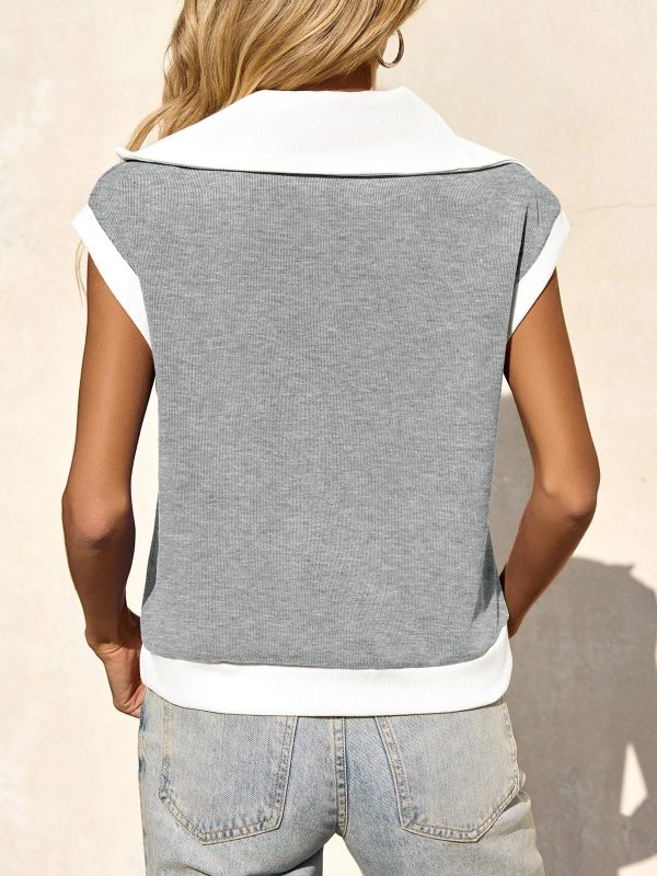 Womens Half Zip Sweatshirts Short Sleeve Color Block Lapel V Neck Loose Summer Pullover Tops