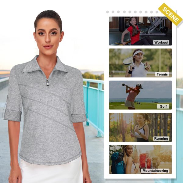 Women's 3/4 Roll Sleeve Golf Tennis Polo Shirts UPF50+ Half Zip Dry Fit Workout Tops Athletic Shirt