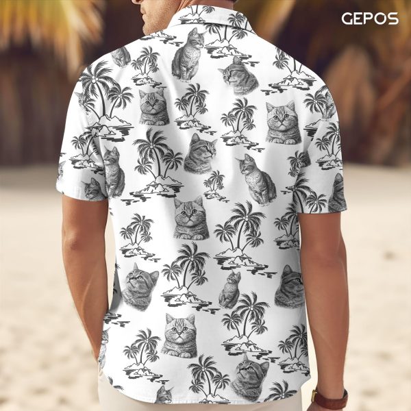 Cute Cat Print Hawaiian Shirt, Vintage Cat Short Sleeve Button Shirt, Summer Gifts, Birthday Gifts