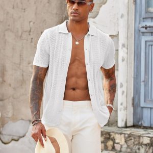 Mens Knit Button Down Shirts Casual Textured Polo Shirt Short Sleeve Vintage Summer Beach Tops