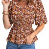 Womens Floral Print Ruffle Half Sleeve Blouses V Neck Decorative Buttons Elastic Waist Casual Summer Tops