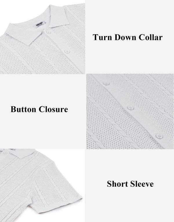 Mens Knit Button Down Shirts Casual Textured Polo Shirt Short Sleeve Vintage Summer Beach Tops
