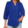 Women's Dressy Casual Tops 3/4 Sleeve Business Work Blouses Hollow Out Embroidery Button Down Shirts