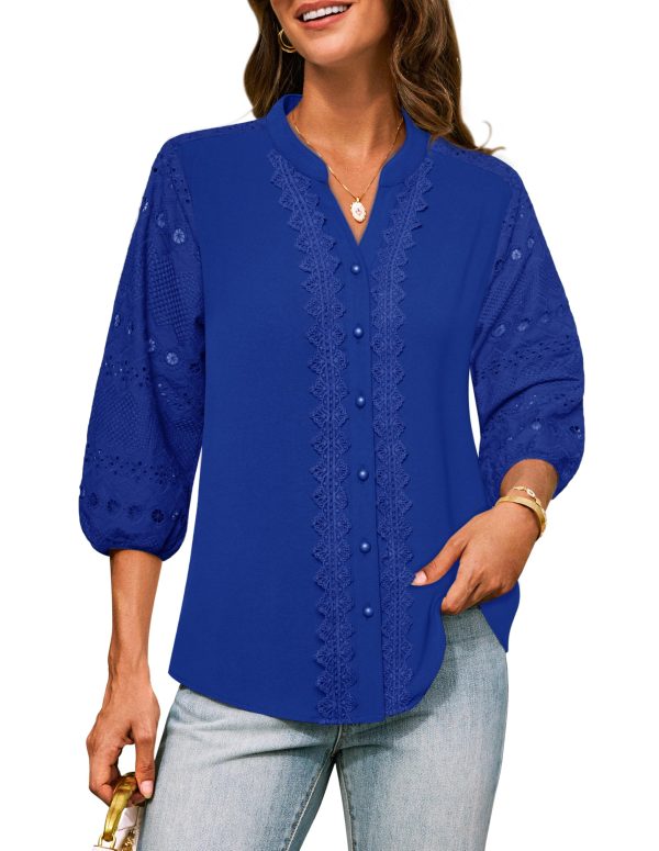 Women's Dressy Casual Tops 3/4 Sleeve Business Work Blouses Hollow Out Embroidery Button Down Shirts