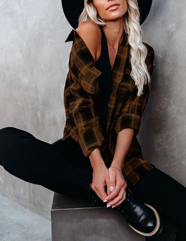 Oversized Flannel Shirt Women Long Sleeve Plaid Button Buffalo Shirt Blouse Tops with One Pocket