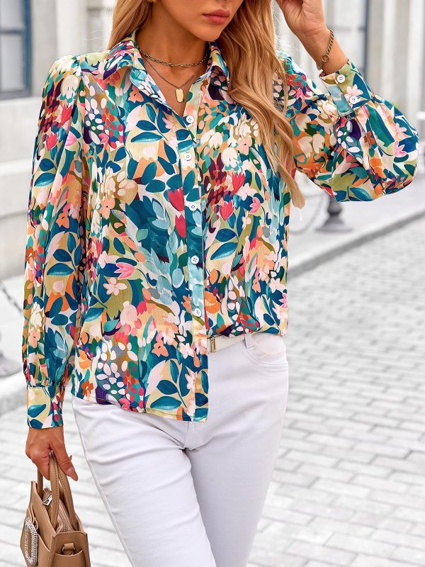 Women's Floral Blouses Dressy Casual V Neck Button Down Shirts Lantern Long Sleeve Boho Chiffon Spring Tops 2025