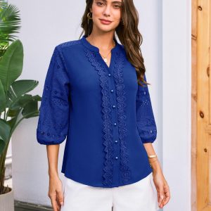 Women's Dressy Casual Tops 3/4 Sleeve Business Work Blouses Hollow Out Embroidery Button Down Shirts