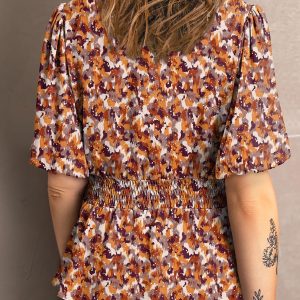 Womens Floral Print Ruffle Half Sleeve Blouses V Neck Decorative Buttons Elastic Waist Casual Summer Tops