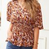 Womens Floral Print Ruffle Half Sleeve Blouses V Neck Decorative Buttons Elastic Waist Casual Summer Tops