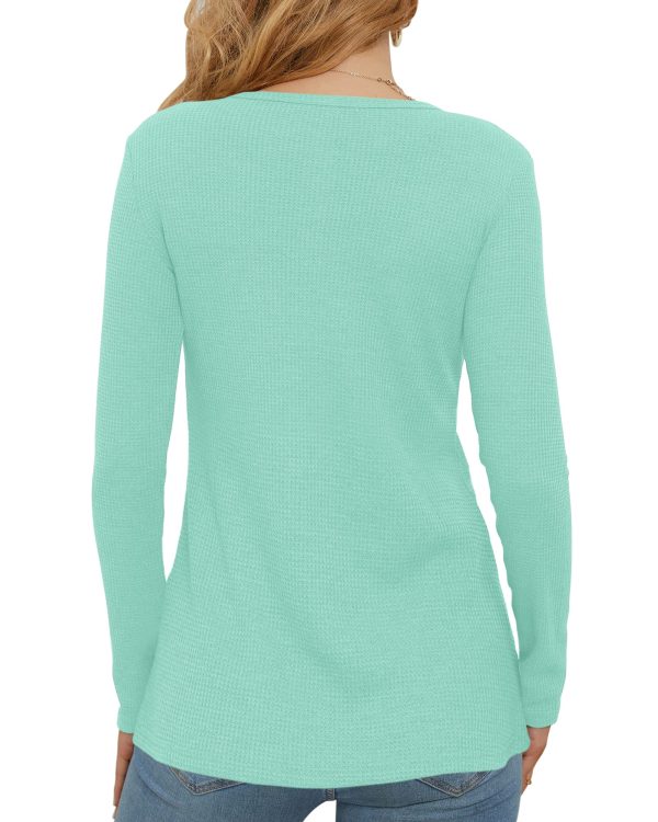 Women's Waffle Knit Tops Casual Long Sleeve Blouses Slim Fit Button Down V Neck Henley Shirt
