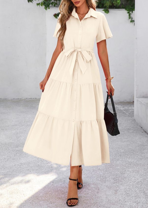 Summer Button Down Wedding Guest Shirt Dresses for Women Maxi Flutter Short Sleeve Flowy Tiered Beach Sun Dress