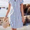 Women's Stripes Print Loose Fit Tunic Dress Button Down Casual Shirt Dress Notch Neck Short Sleeve Dress
