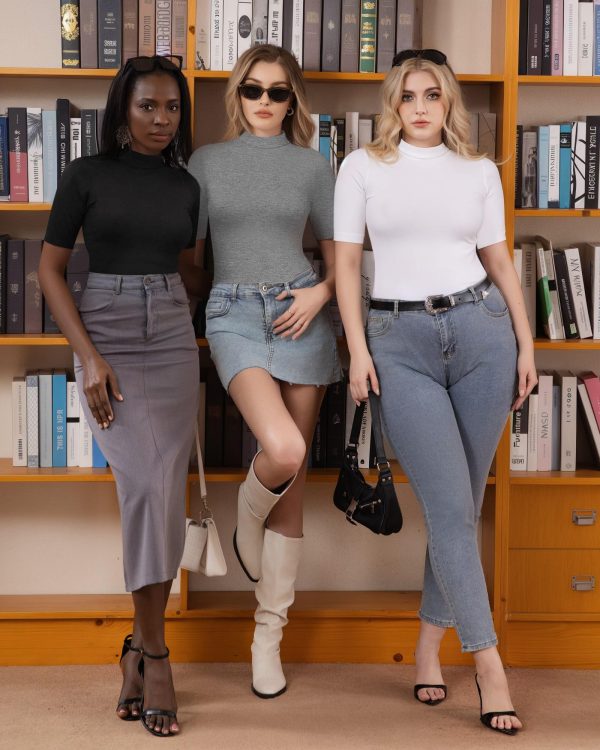 Women's Mock Turtle Neck Slim Fit Half Elbow Short 3/4 Short Long Sleeve T Shirts Tight Tops Tee