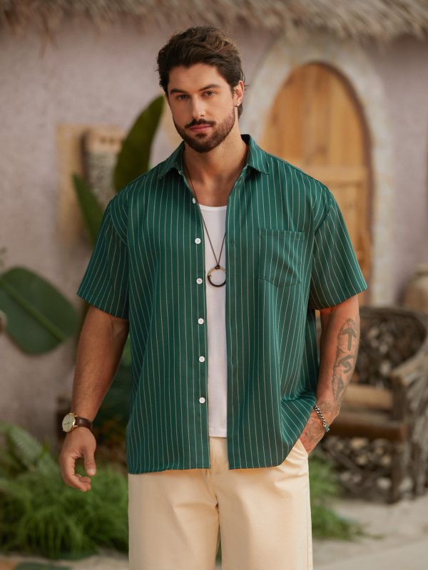 Men's Casual Striped Shirts Button Down Short Sleeve Blouse Summer Hawaiian Shirt