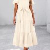 Summer Button Down Wedding Guest Shirt Dresses for Women Maxi Flutter Short Sleeve Flowy Tiered Beach Sun Dress
