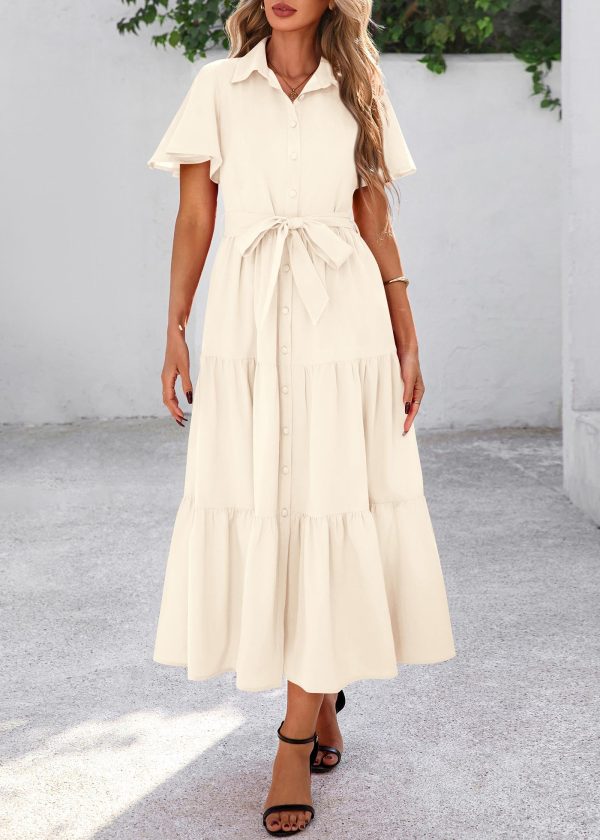 Summer Button Down Wedding Guest Shirt Dresses for Women Maxi Flutter Short Sleeve Flowy Tiered Beach Sun Dress