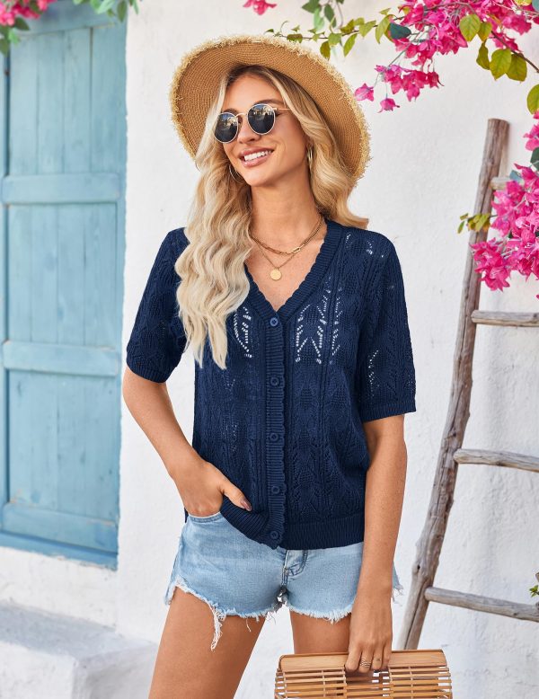 Womens 2025 Short Sleeve Crochet Summer Cardigan Cropped Button Sweater Lightweight Shrug for Dress