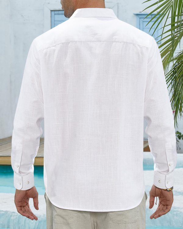 Men's Linen Shirts Casual Button Down Long Sleeve Shirt Solid Spread Collar Summer Beach Shirts with Pocket