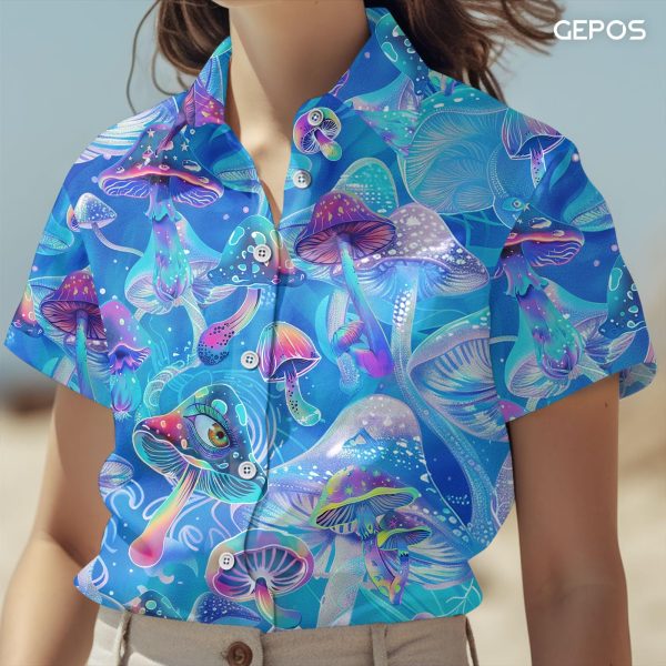 Mystical Mushroom Casual Hawaiian Shirt, Summer Mushroom Print Button Shirt, Birthday Gifts