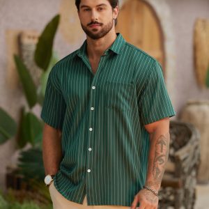 Men's Casual Striped Shirts Button Down Short Sleeve Blouse Summer Hawaiian Shirt