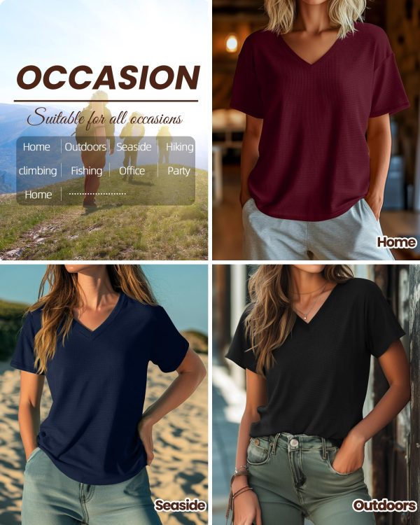 3 Pack Oversized Waffle Knit Tops for Women V Neck Half Sleeve Shirts Casual Drop Shoulder Tunic Top Blouses