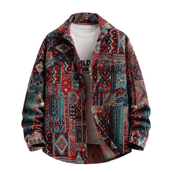 Aztec Shacket Fall Jacket Brocade Jacquard Ethnic Plaid Print Button Down Shirt for Men Women Casual Spring Coat