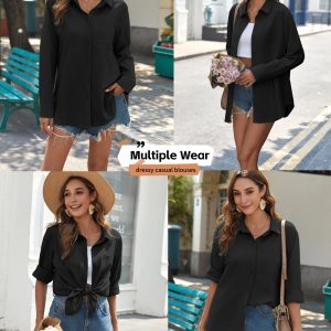 Womens Button Down Shirts Long Sleeve Cotton Gauze Tops Casual Collared Blouses Loose Fit