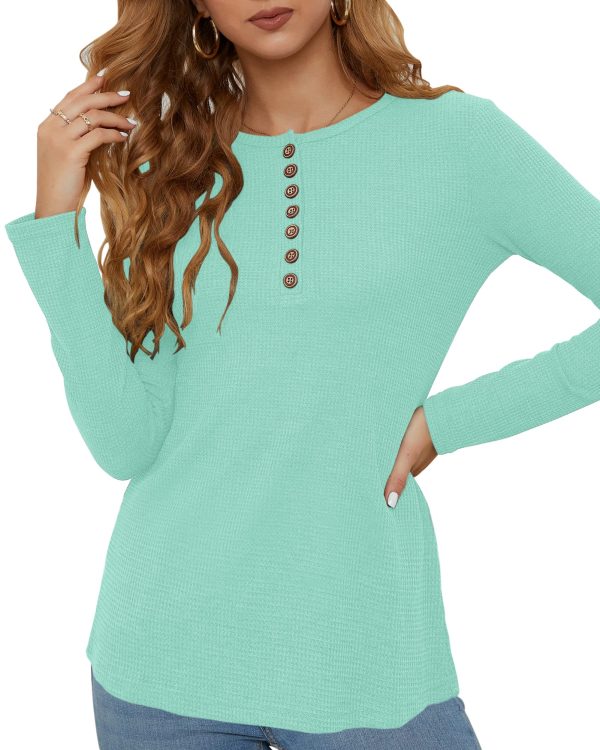 Women's Waffle Knit Tops Casual Long Sleeve Blouses Slim Fit Button Down V Neck Henley Shirt