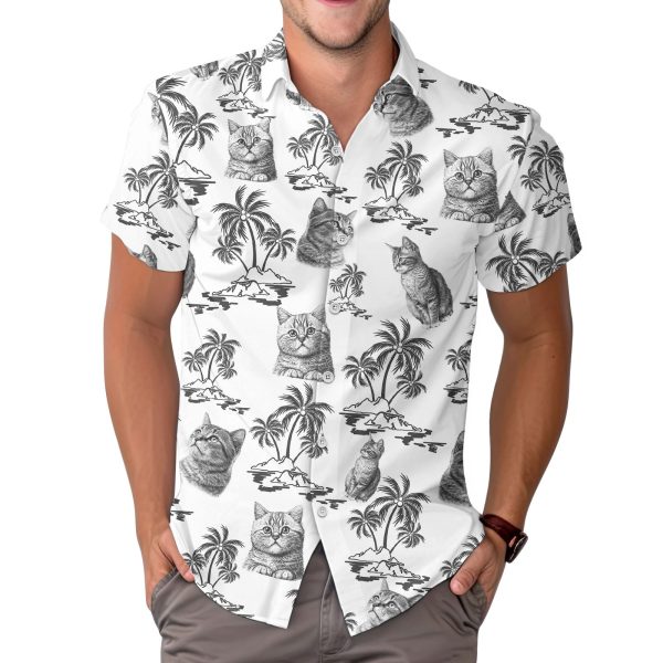 Cute Cat Print Hawaiian Shirt, Vintage Cat Short Sleeve Button Shirt, Summer Gifts, Birthday Gifts