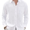 Men's Linen Shirts Casual Button Down Long Sleeve Shirt Solid Spread Collar Summer Beach Shirts with Pocket