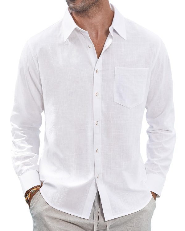 Men's Linen Shirts Casual Button Down Long Sleeve Shirt Solid Spread Collar Summer Beach Shirts with Pocket