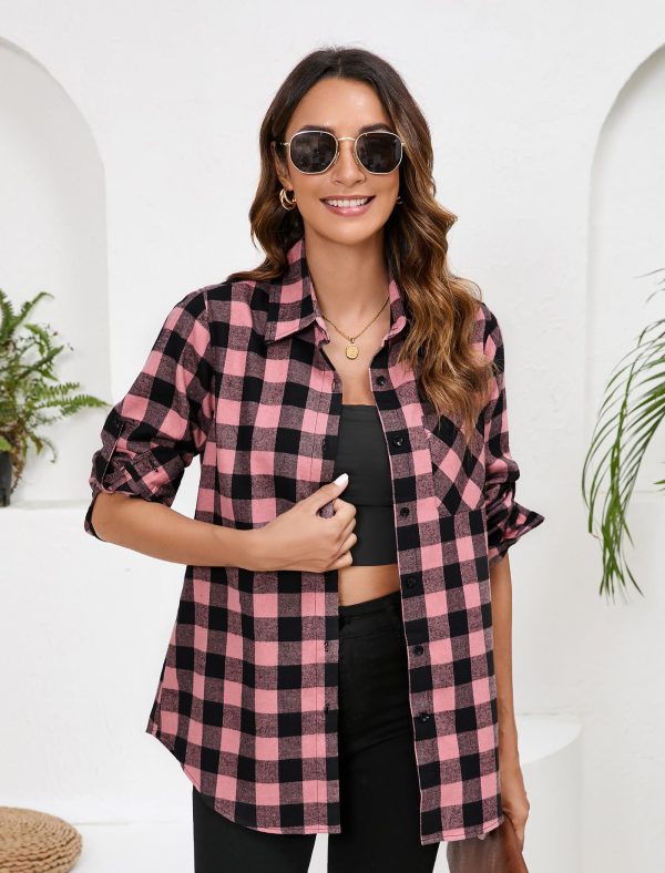 Plaid Shirts for Women Casual Button Down Flannel Shirt Plus Size Roll Up Long Sleeve Checkered Blouse Tops