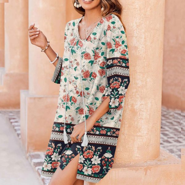 QIGUAND Vintage Boho Casual T-Shirt Dress Women Summer Drawstring V Neck 3/4 Sleeve Beach Dresses Ethnic Style Tunic Dress