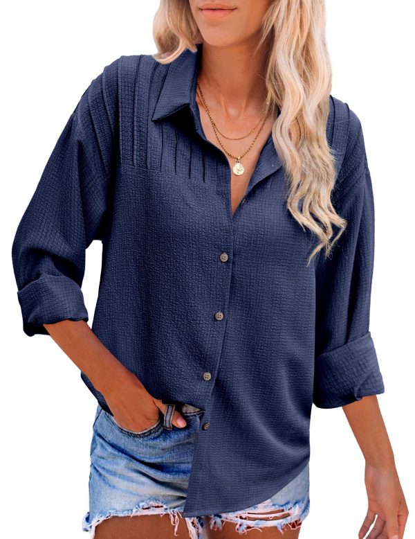 Womens Long Sleeve Button Down Shirts Oversized Collared Drop Shoulder Work Tops Textured Loose Blouse S-XXXL