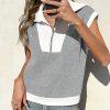 Womens Half Zip Sweatshirts Short Sleeve Color Block Lapel V Neck Loose Summer Pullover Tops