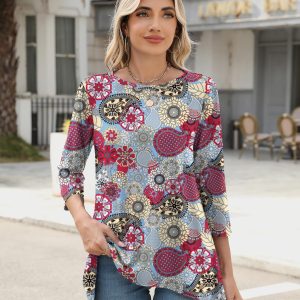 3/4 Sleeve Tunic Tops for Women Loose Fit Dressy Casual Blouse Flowy Shirts to Wear with Leggings S-3XL