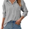 Womens Button Down Shirts Striped Long Sleeve Casual Collared Office Business Work Spring Blouses Tops