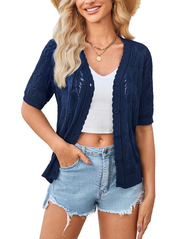 Womens 2025 Short Sleeve Crochet Summer Cardigan Cropped Button Sweater Lightweight Shrug for Dress