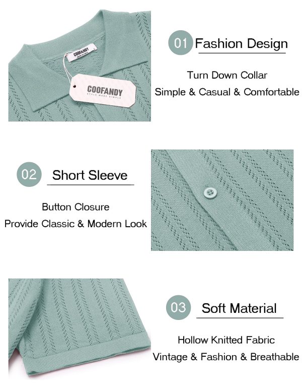 Men's Knit Shirts Short Sleeve Button Down Polo Shirt Crochet Casual Vintage Summer Beach Shirts
